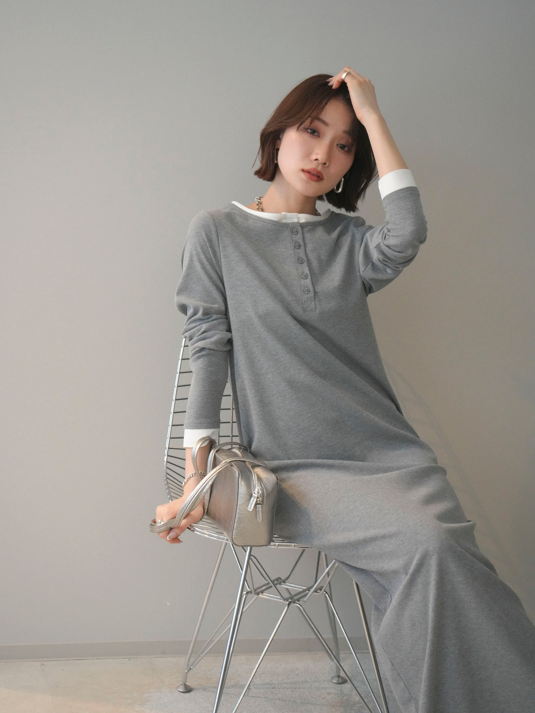 [SET]配色レイヤードヘンリーネックカットリブワンピース+配色レイヤードヘンリーネックカットリブワンピース(2set)