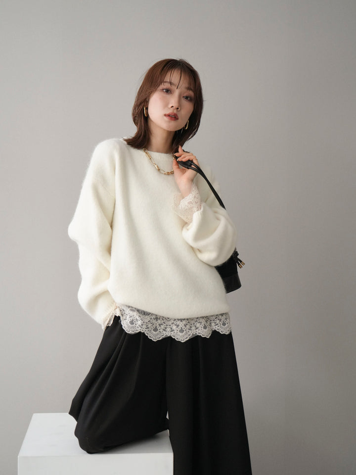 [SET]アンゴラタッチクルーネックニットプルオーバー+チュールレーストップス+テープベルトタックバギーパンツ(3set)