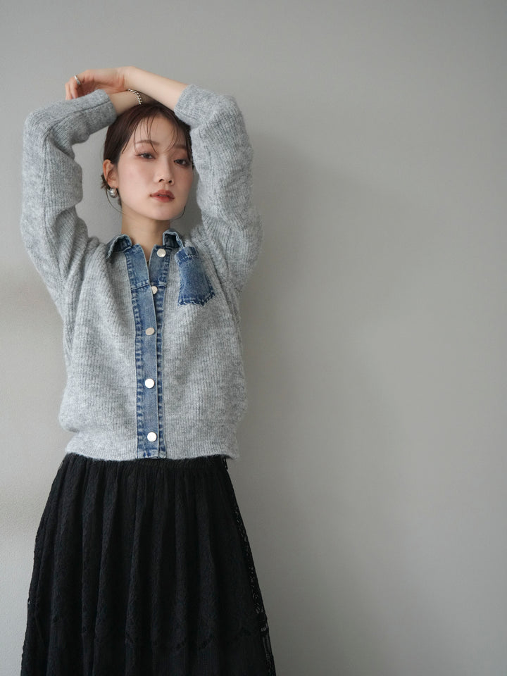 [予約]デニム襟ポケットニットカーディガン/gray