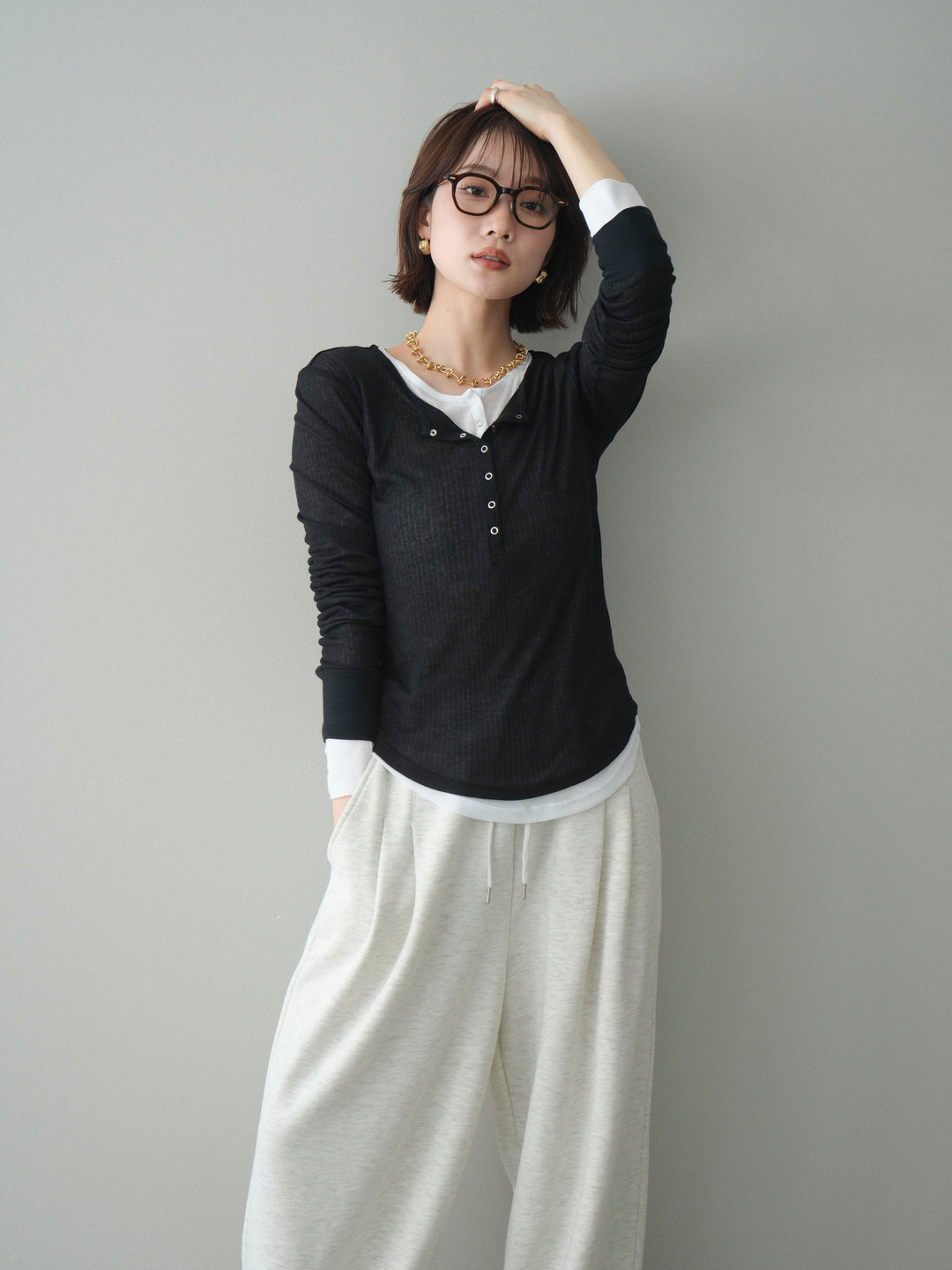 [予約]シアーリブヘンリーネックロンT/black