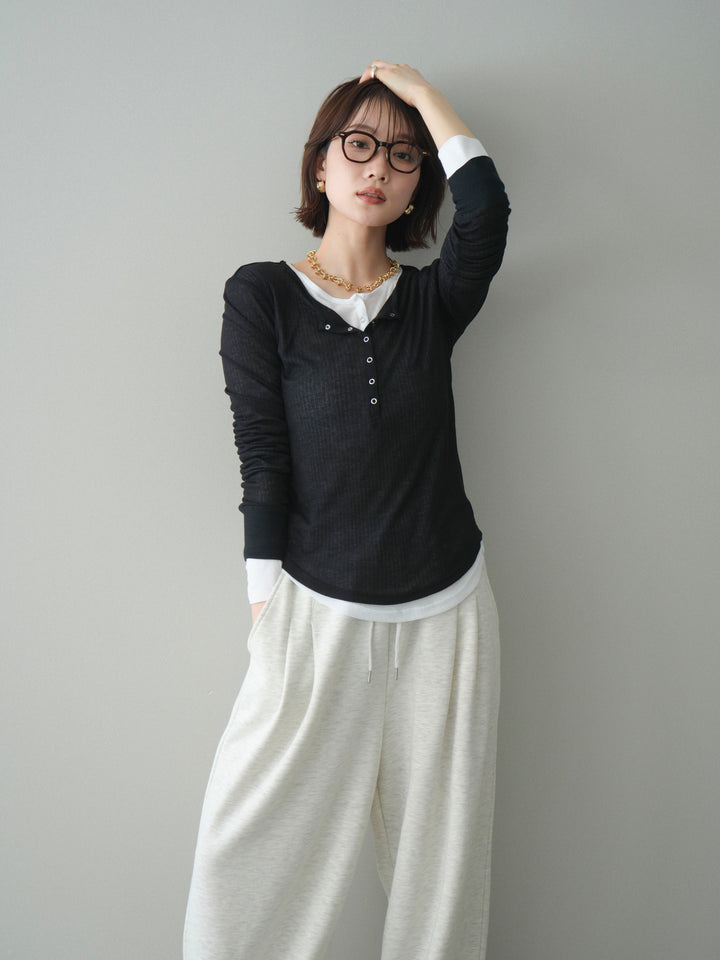 [予約]シアーリブヘンリーネックロンT/black