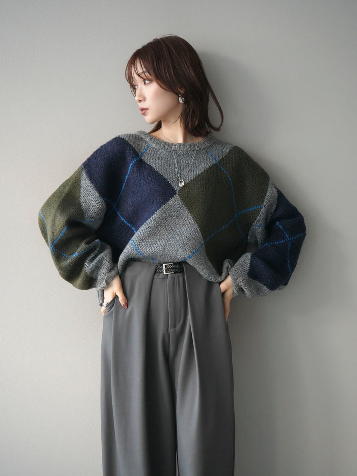 [予約]配色ステッチアーガイル柄ニットプルオーバー/gray