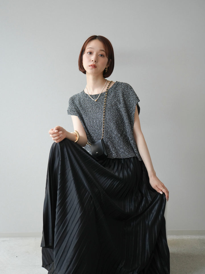 [SET]ネップヤーンクロップドニットベスト+サテンプリーツマキシスカート(2set)