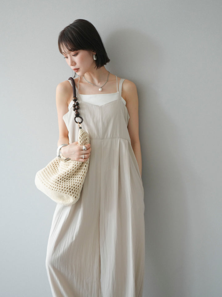 [SET]リネンライクビスチェデザインサロペット+ダブルストラップカットリブブラキャミソール(2set)