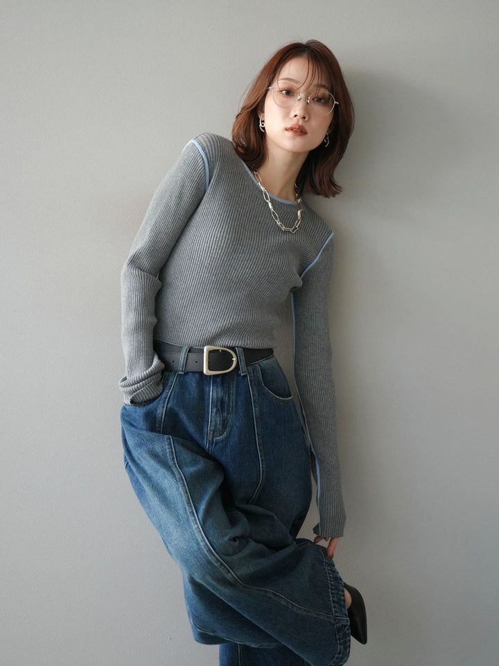 [予約]バイカラークルーネックリブニットトップス/gray
