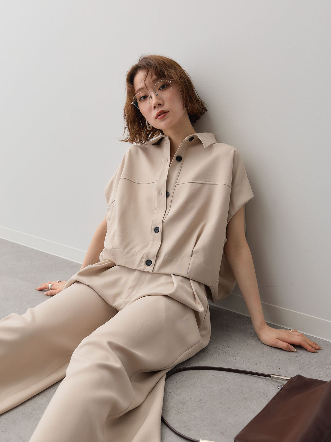 【套裝】縐綢燈籠無袖襯衫 + 縐綢闊腿褲（兩件套）