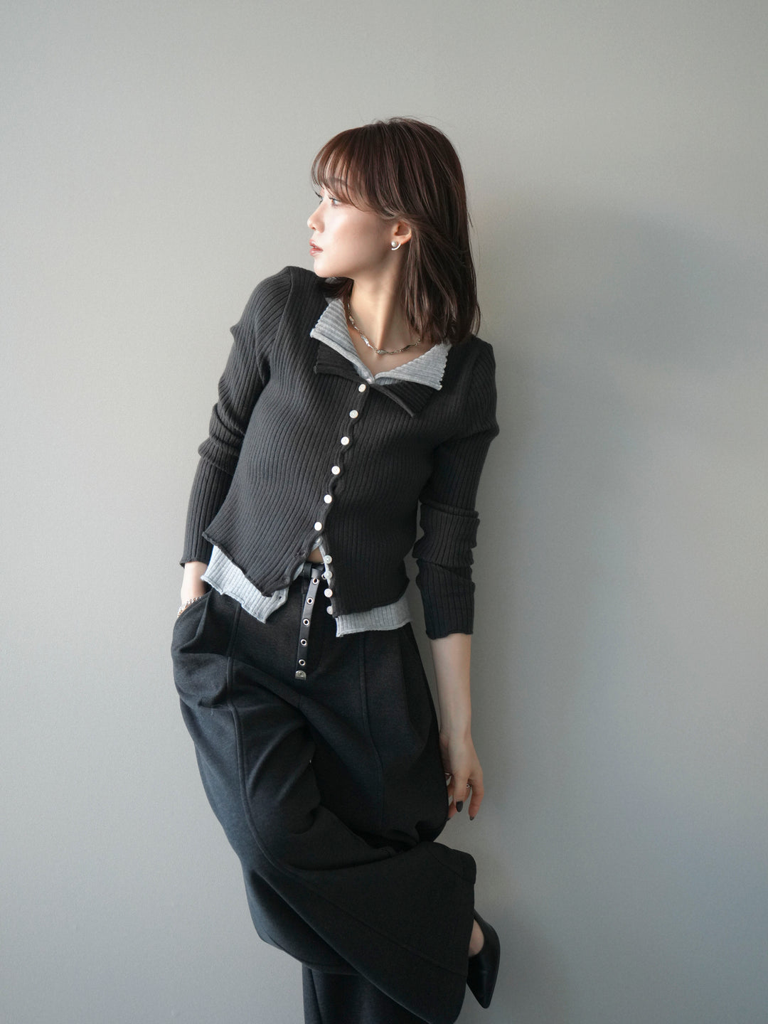 [予約]配色レイヤードリブニットカーディガン/charcoal