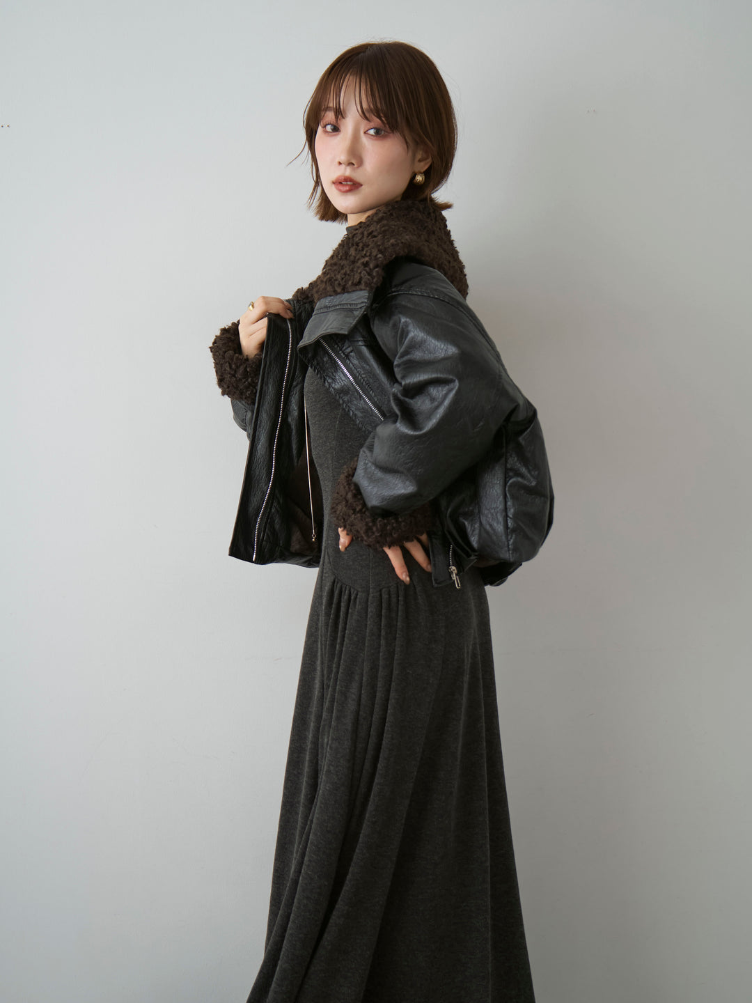 [SET]モックネックドレープニットソーワンピース+モックネックドレープニットソーワンピース(2set)
