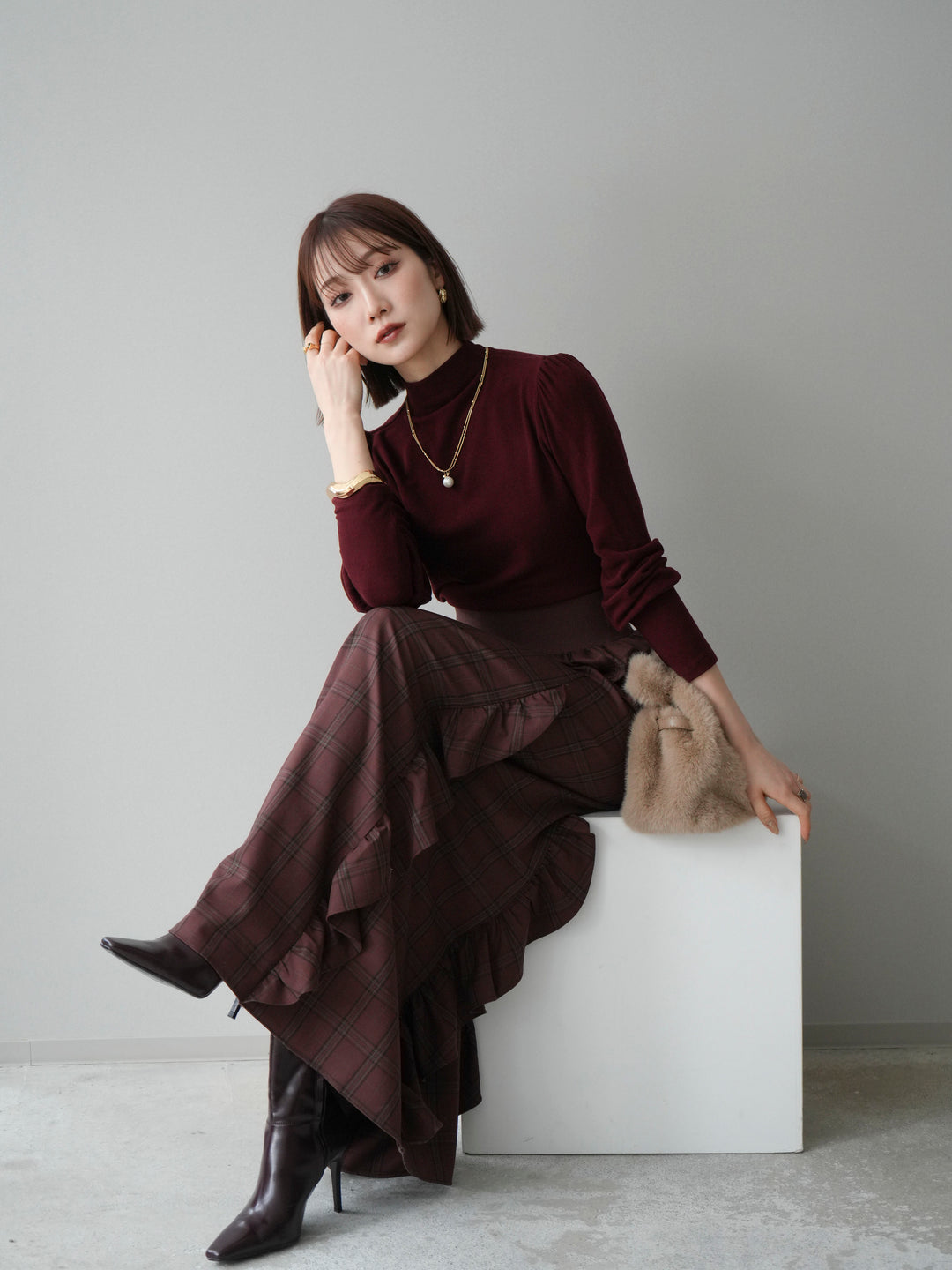 [SET]プチネックパワーショルダー起毛トップス+プチネックパワーショルダー起毛トップス(2set)