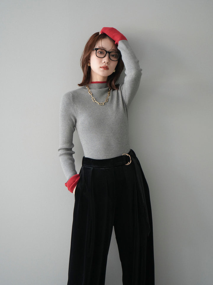 [予約]袖ボタンハイネック配色リブニットトップス/gray