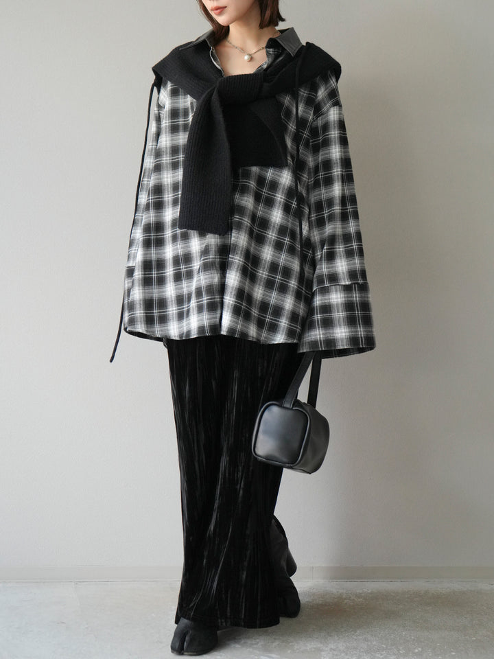 [SET]レザー襟オンブレチェックオーバーシャツ +クラッシュベロアナロースカート(2set)