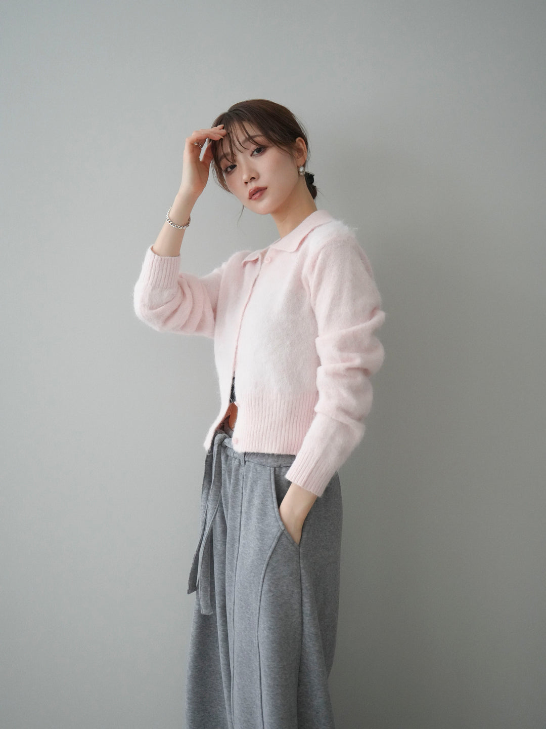 [予約]モヘア衿付きボタンプルオーバー/pink