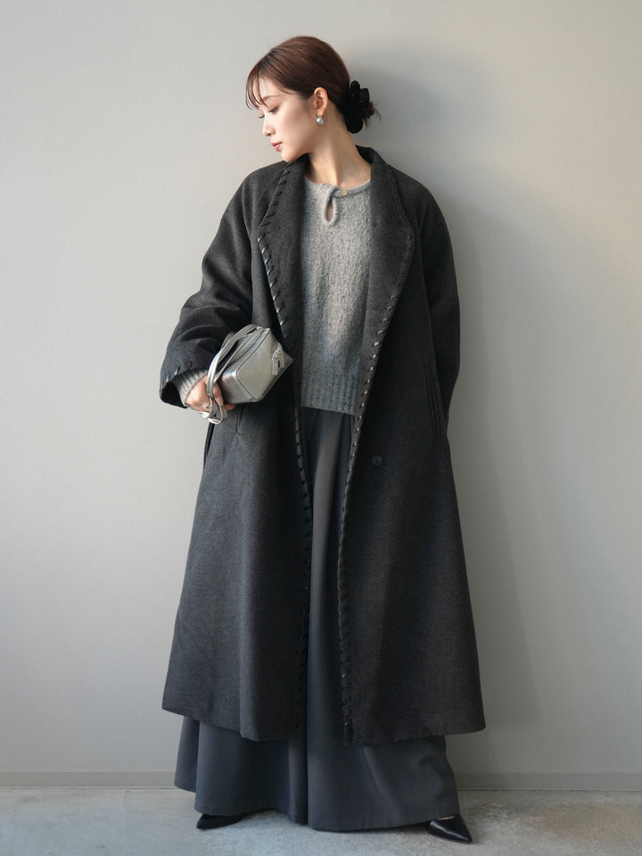 [SET]ハンドステッチ裏中綿ロングコート+テープベルトタックバギーパンツ(2set)