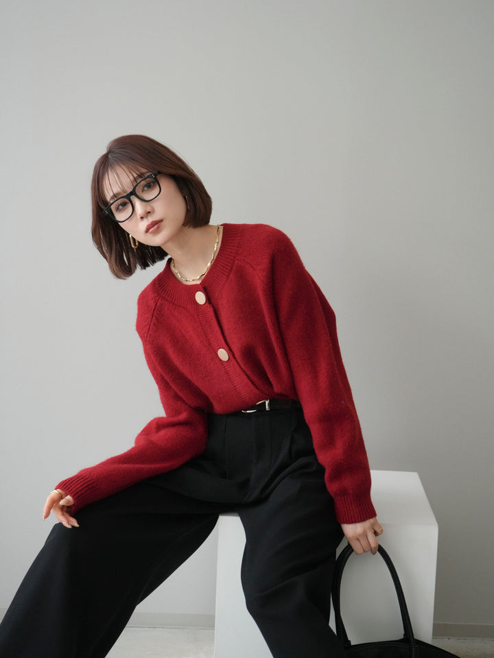 [SET]BIGボタンニットカーディガン+アニマル柄ベルト付きウールタッチワイドパンツ(2set)