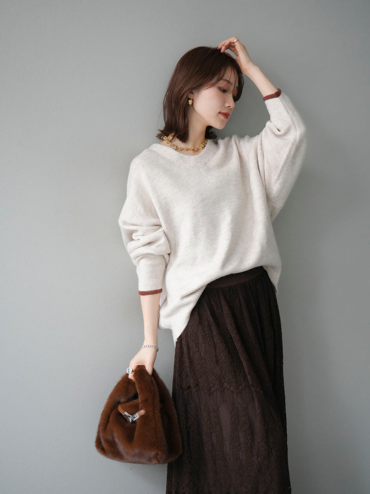 [SET]Vネック配色スリーブニットプルオーバー+選べるアクセセット(2set)