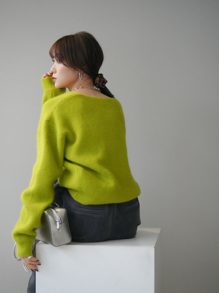 [SET]シュシュ付きアンゴラタッチVネックニットプルオーバー+ベルトデザインループコールテンワイドパンツ(ベルト付き)(2set)