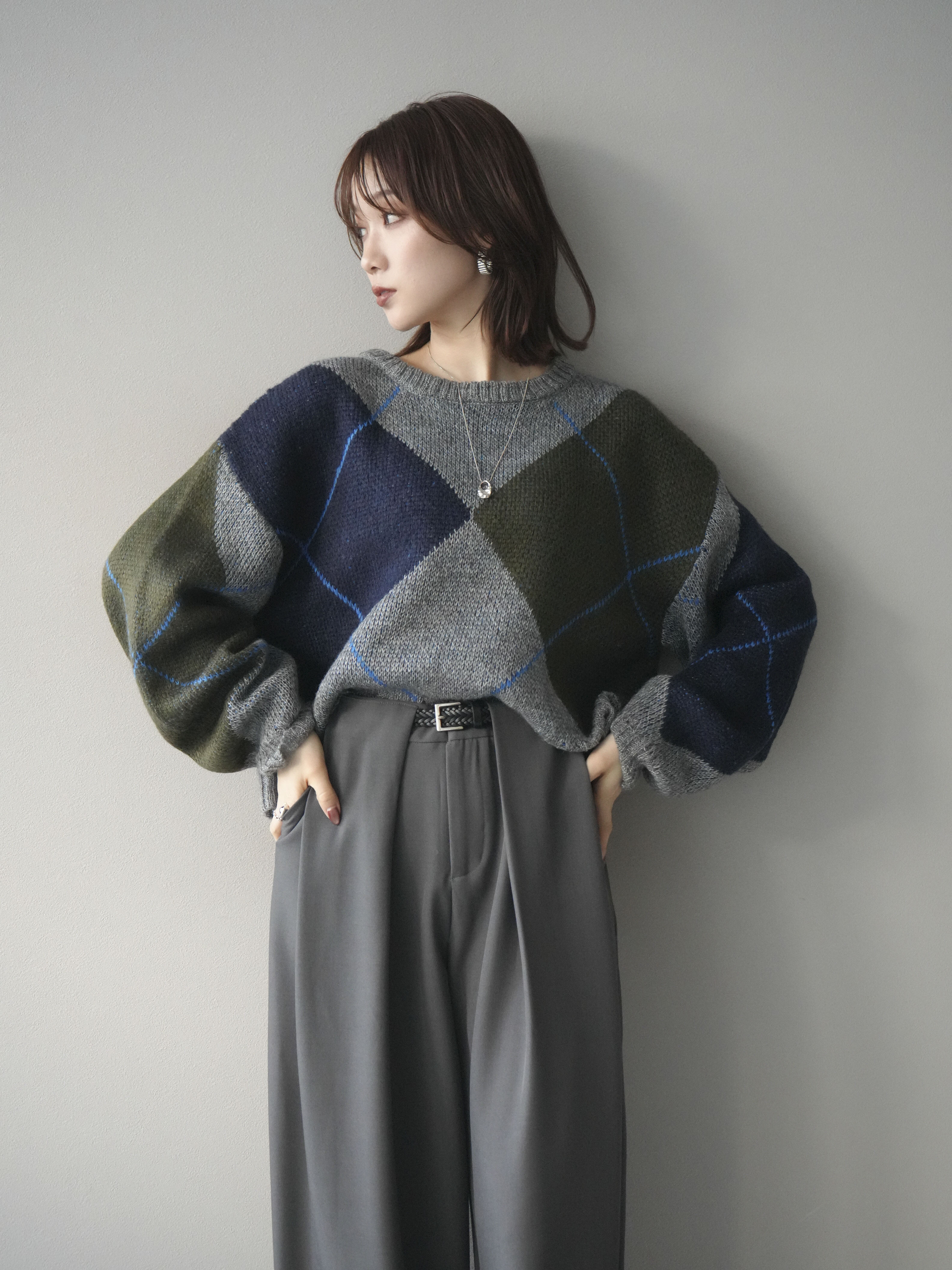 3点おまとめ SET]配色ステッチアーガイル柄ニットプルオーバー+選べるアクセセット