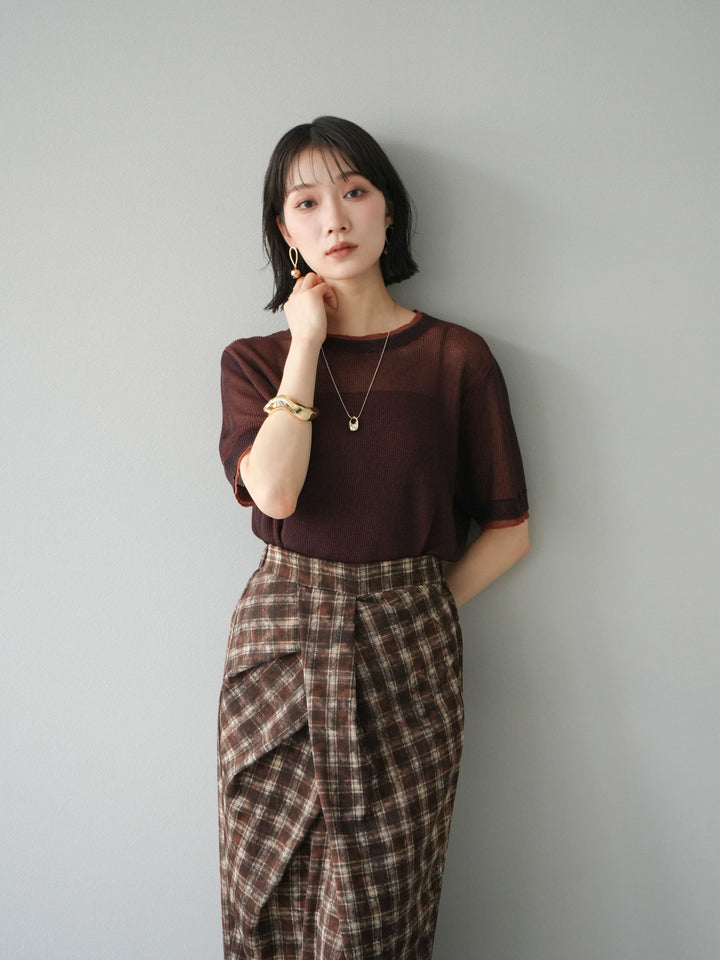 [SET]リネンタッチ配色二重臼ハーフニットトップス+選べるアソート柄スカートセット(2set)