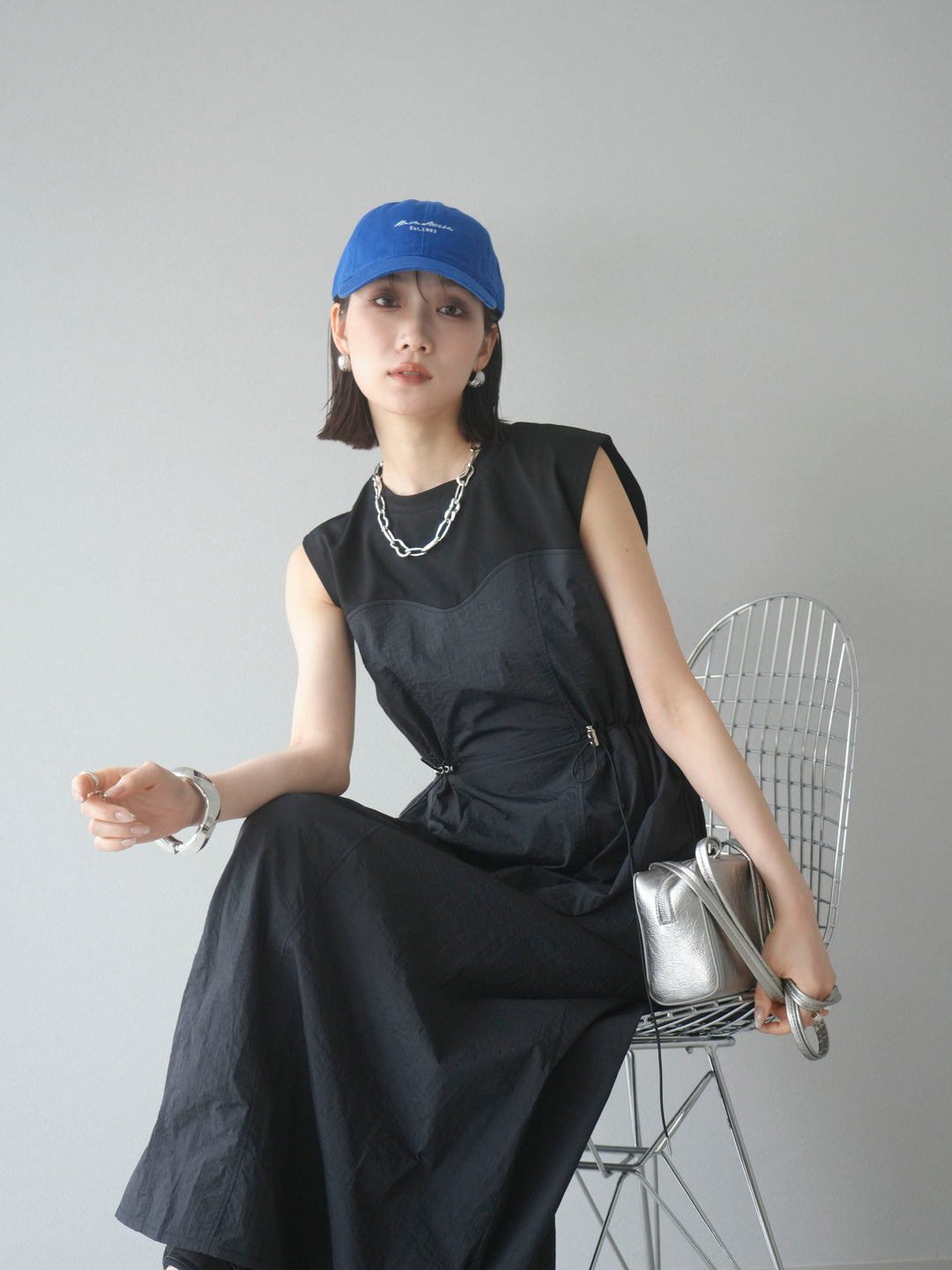 [予約]カットドッキングナイロンワンピース/ブラック