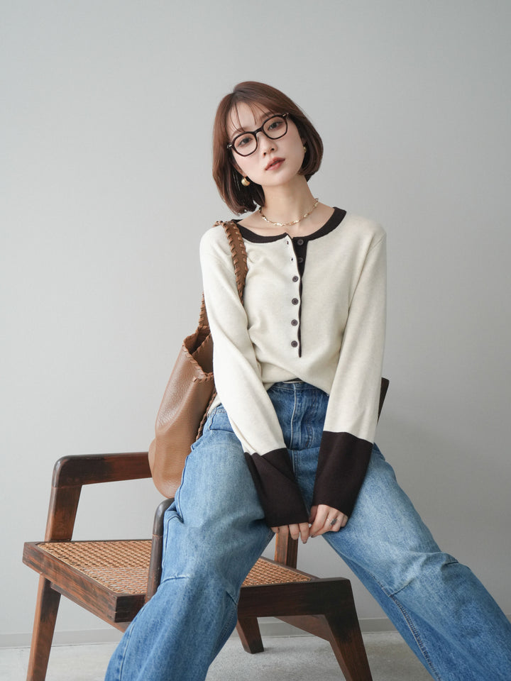 [SET]ヘンリーネック配色ニットソー+ヘンリーネック配色ニットソー(2set)