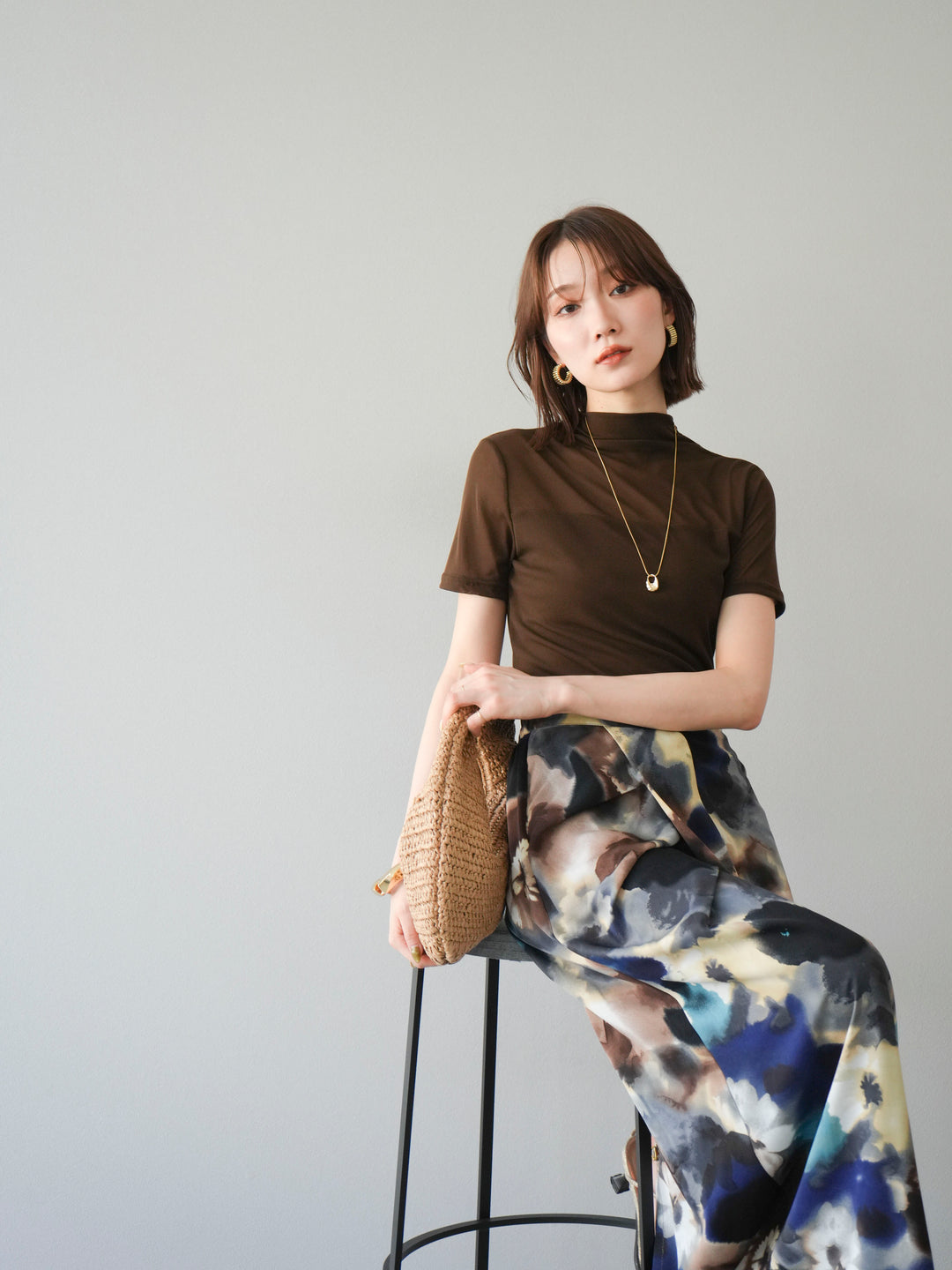 [SET] 透視半袖上衣 + 水彩印花褶襉I字裙 (2set)