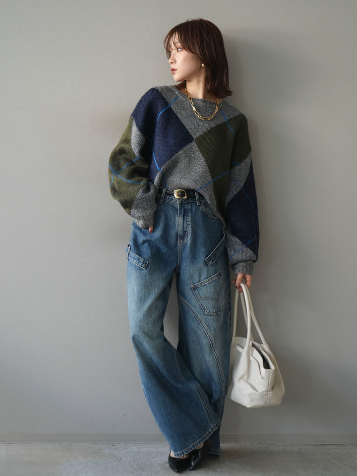 [SET]配色ステッチアーガイル柄ニットプルオーバー+ペインターカーブデニムパンツ(2set)