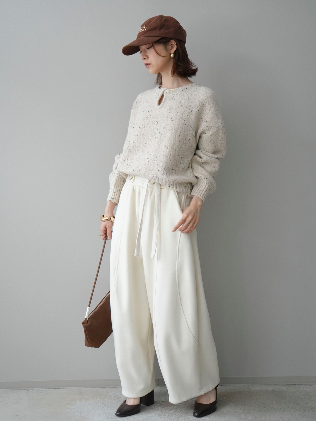 [SET]ツイストネックラメネップヤーンニットプルオーバー+ウエストベルトカーブラインスエットパンツ(2set)