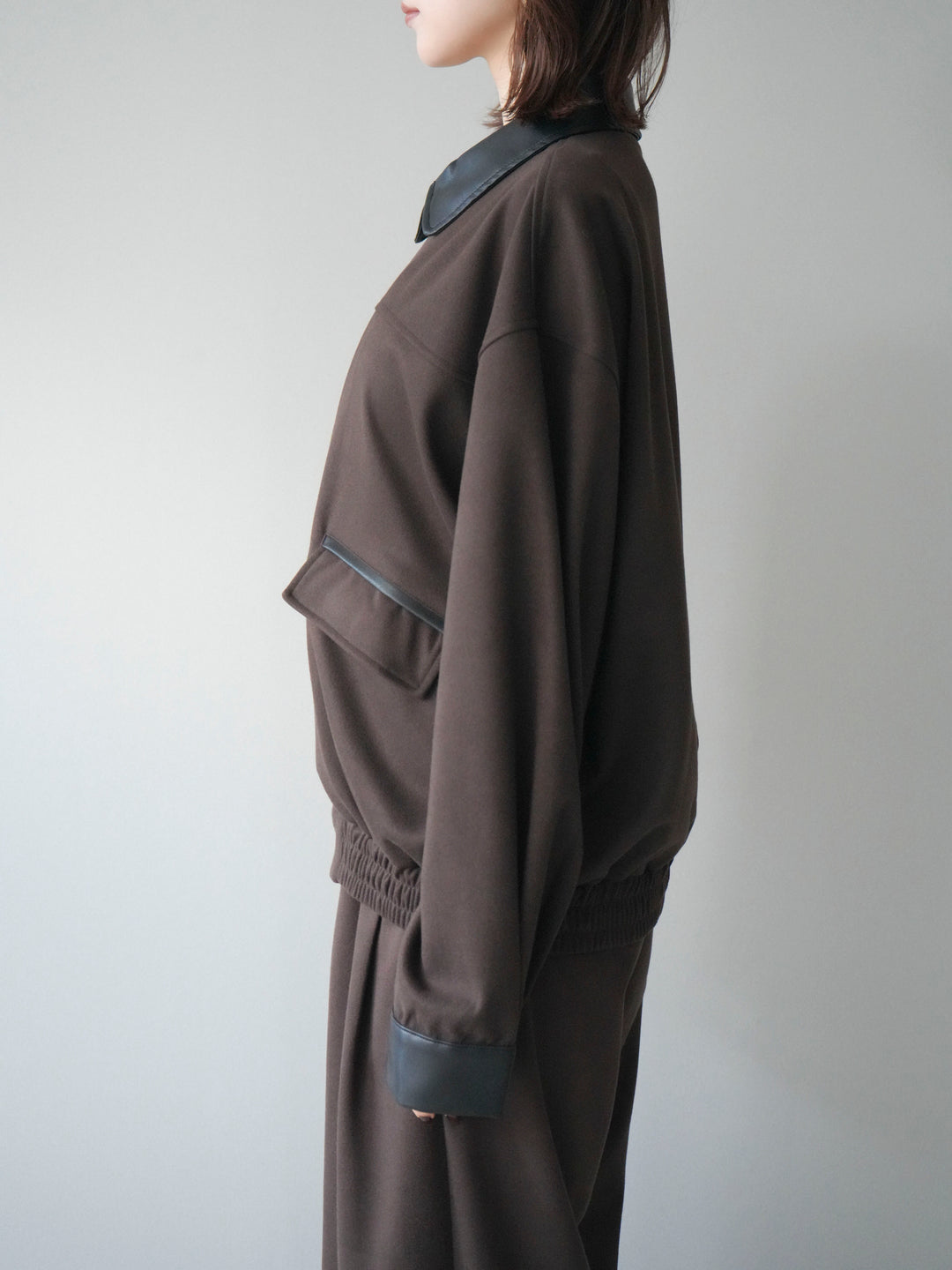 [予約]レザー襟配色パイピングブルゾン/brown