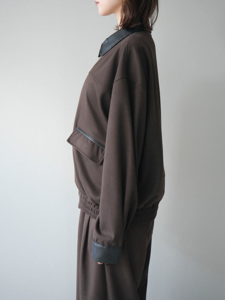 [予約]レザー襟配色パイピングブルゾン/brown