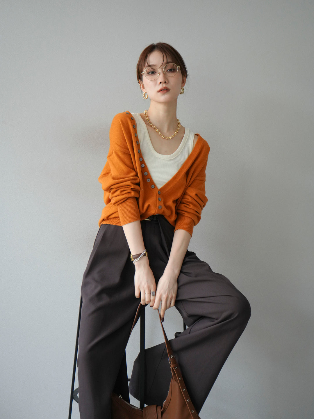 [SET]デザインボタンニットカーディガン＆タンクトップSET+ベルトループデザインワイドパンツ(2set)