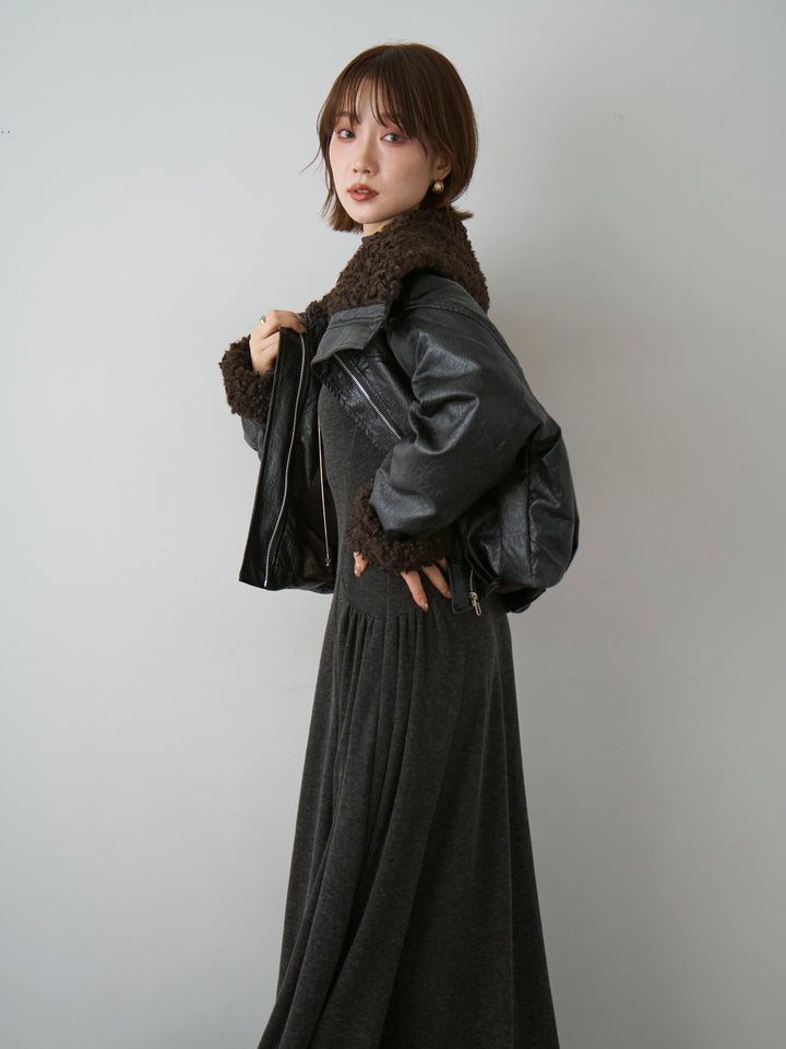 [SET]モックネックドレープニットソーワンピース+レザータッチショートファーライナーブルゾン(2set)