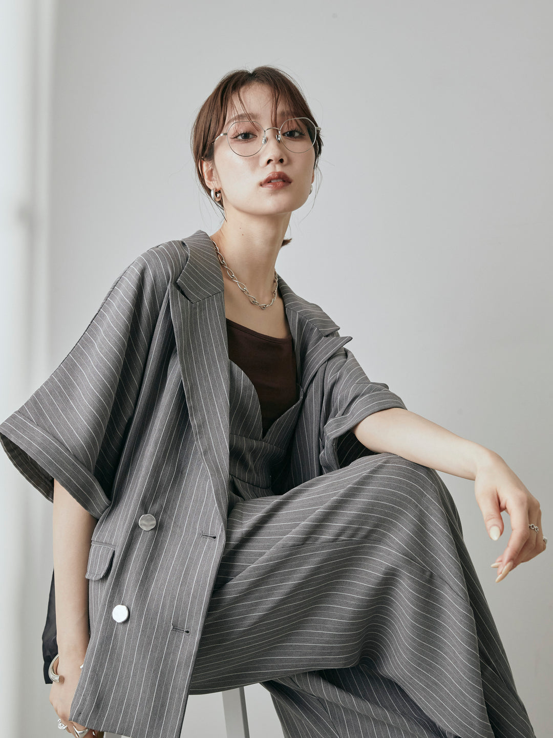 [予約]ヘリンボーンストライプサロペット/チャコール