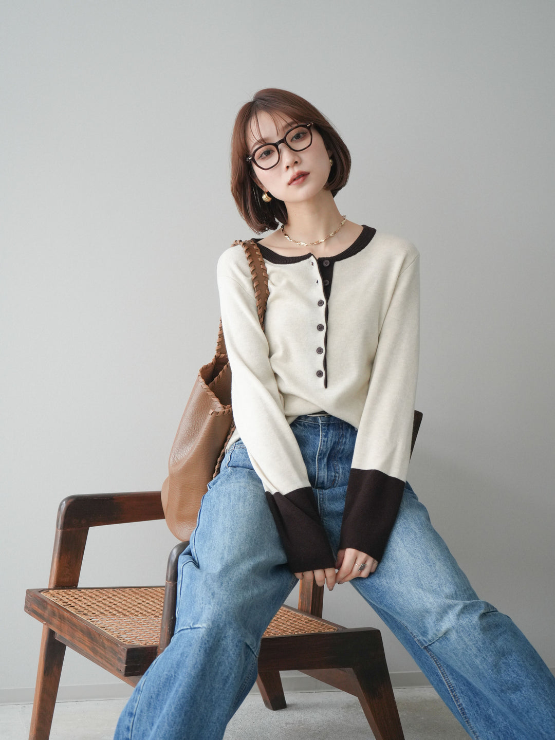 [SET]ヘンリーネック配色ニットソー+ベルト付3Dカーブワイドデニムパンツ(2set)