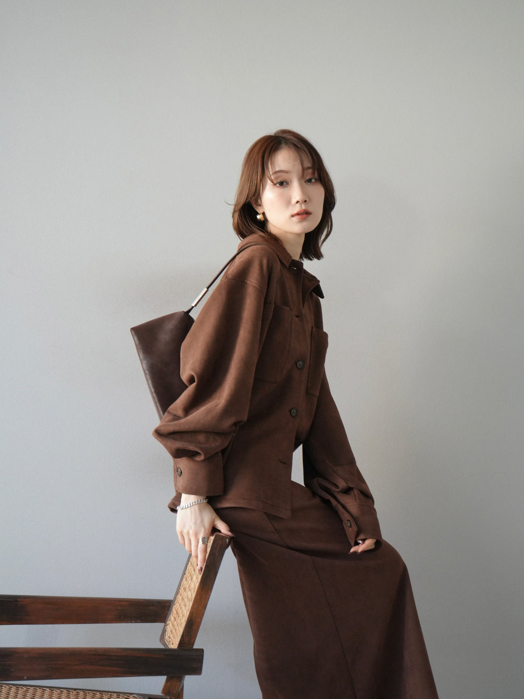 [SET]スエードシャツジャケット+スエードタイトスカート(2set)