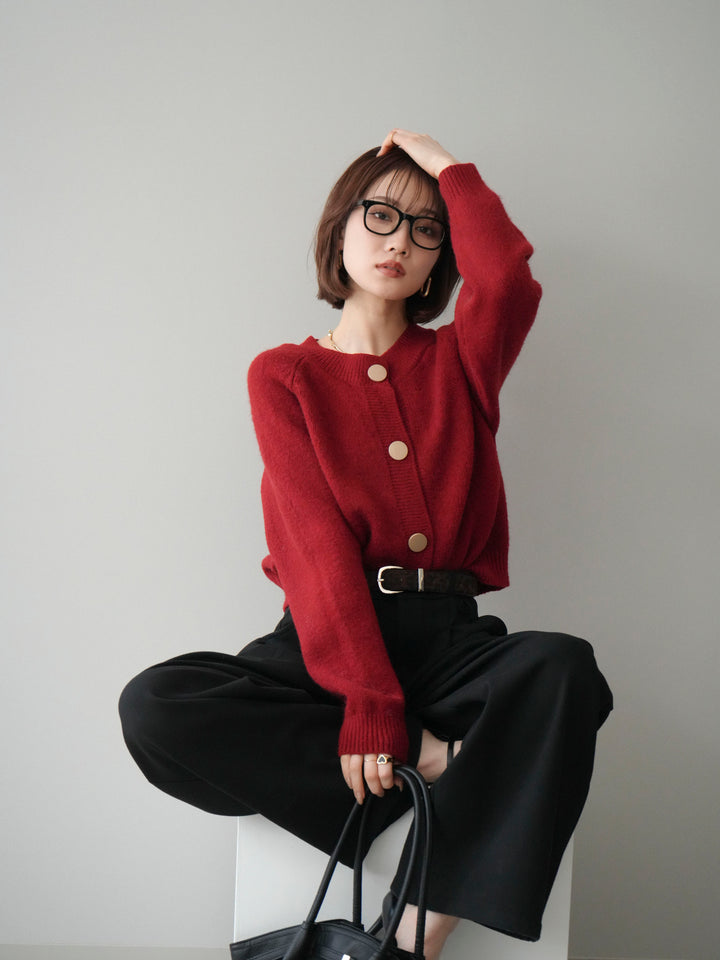 [SET]BIGボタンニットカーディガン+アニマル柄ベルト付きウールタッチワイドパンツ(2set)