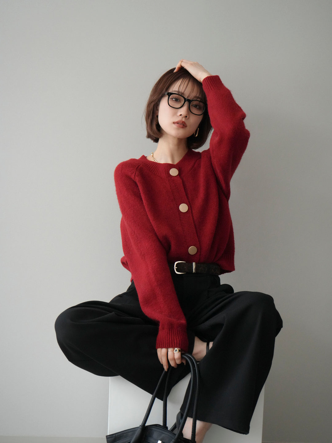 [予約]BIGボタンニットカーディガン/red