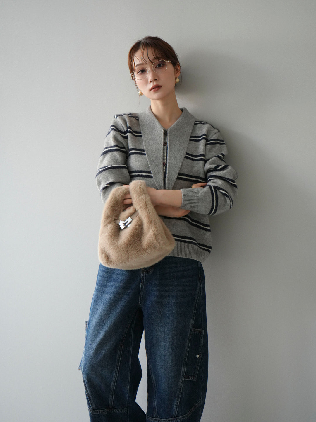 [予約]ボウタイボーダーニットカーディガン/gray