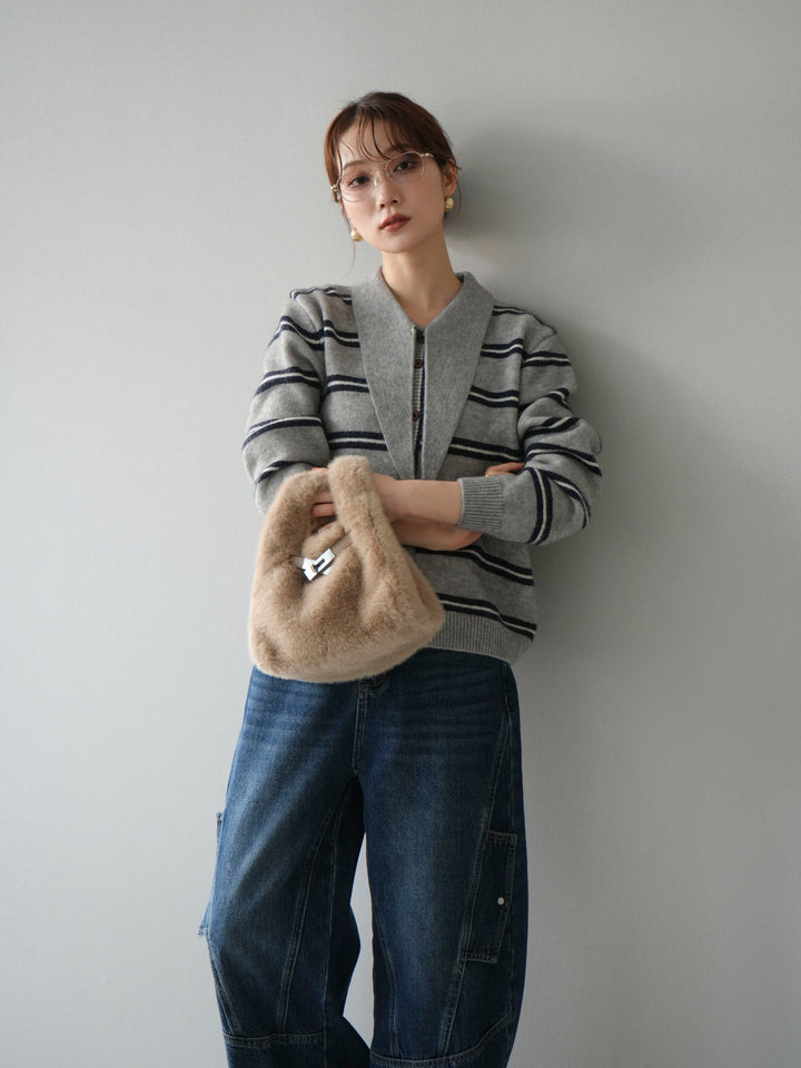 [予約]ボウタイボーダーニットカーディガン/gray