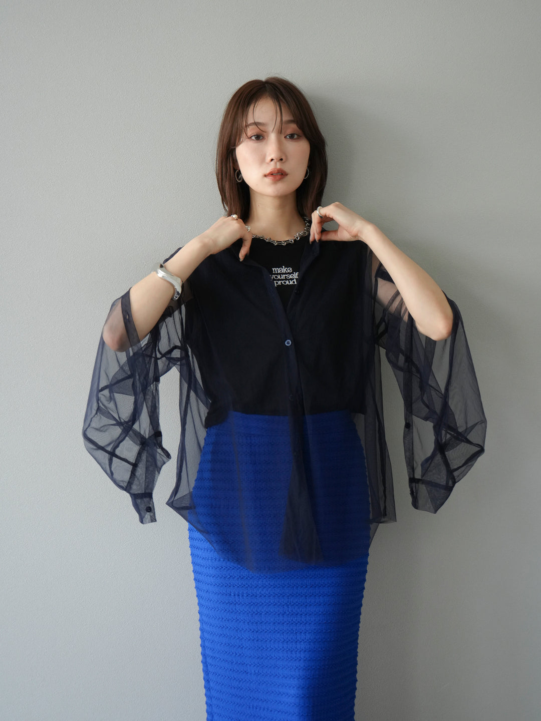 [予約]2WAYスリーブチュールシャツ/ネイビー