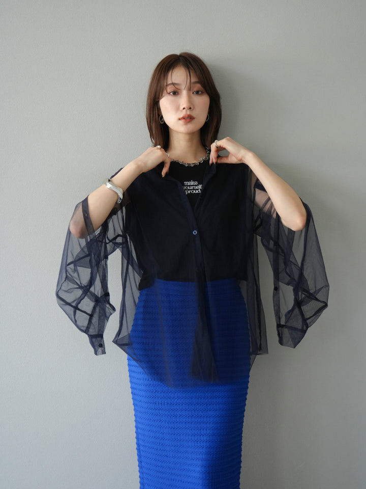 [予約]2WAYスリーブチュールシャツ/ネイビー