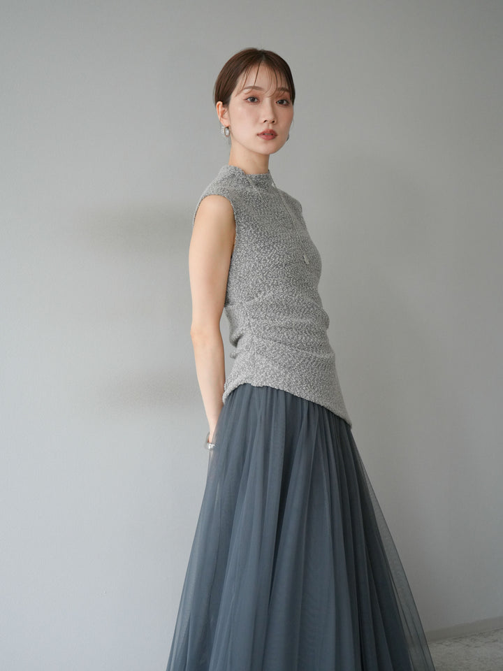 [SET]ブークレアシメニットノースリーブトップス+チュールボリュームスカート(2set)