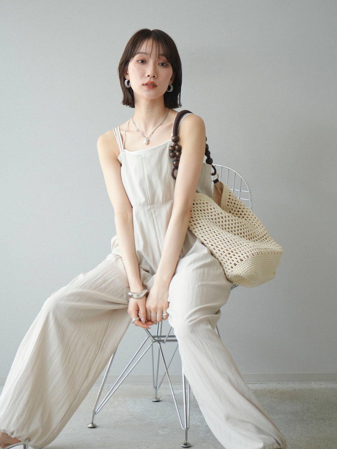 [SET]リネンライクビスチェデザインサロペット+ダブルストラップカットリブブラキャミソール(2set)