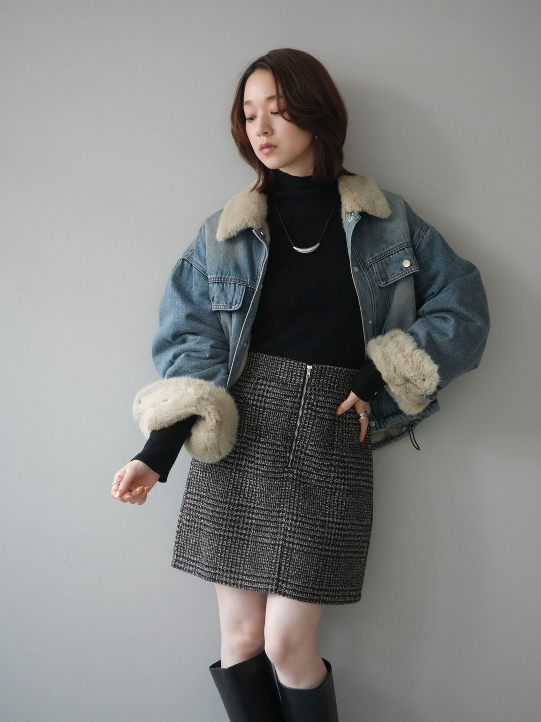 [予約]デニム×ファーステンカラーショートジャケット/lightblue