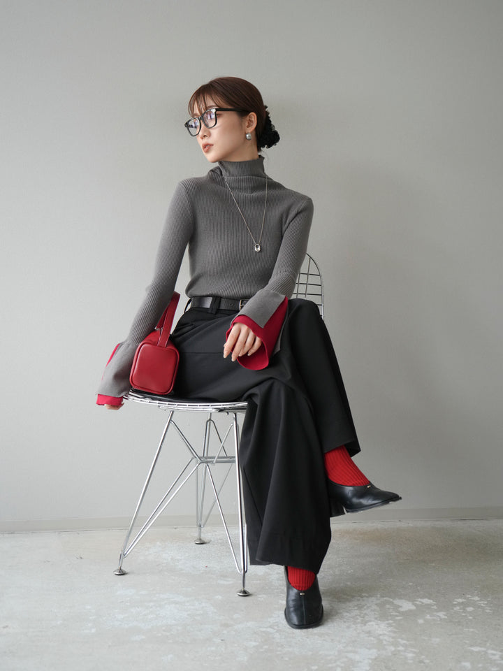 [SET] 疊層喇叭袖高領針織上衣 + 雙褶寬褲 (2 套)