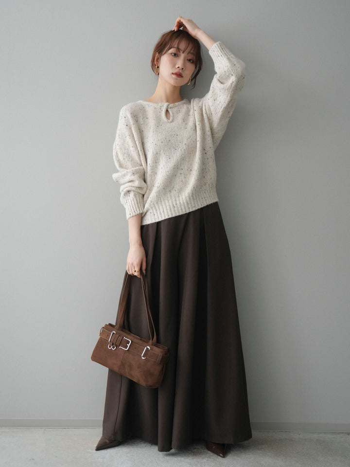 [SET]ツイストネックラメネップヤーンニットプルオーバー+テープベルトタックバギーパンツ(2set)