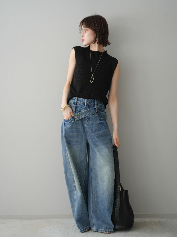 【套裝】無袖亞麻質感透視針織套頭衫 + 不對稱闊腿牛仔褲（兩件套）