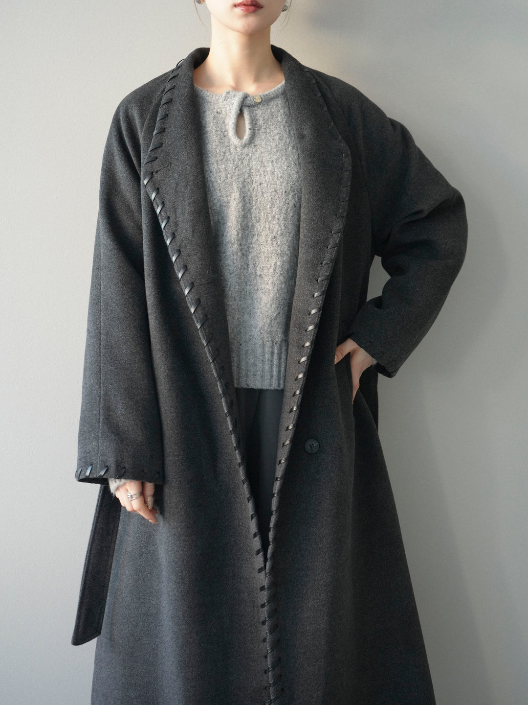 [SET]ハンドステッチ裏中綿ロングコート+テープベルトタックバギーパンツ(2set)