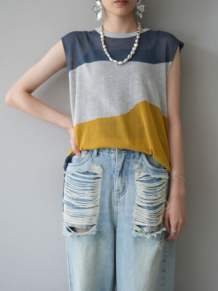 [Pre-order] Bicolor sheer knit sleeveless top/gray