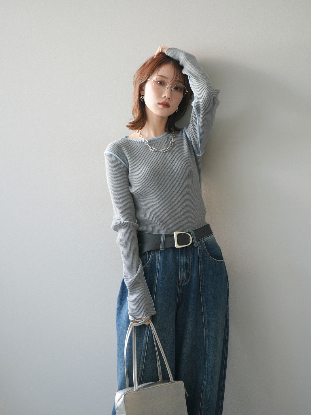 [予約]バイカラークルーネックリブニットトップス/gray