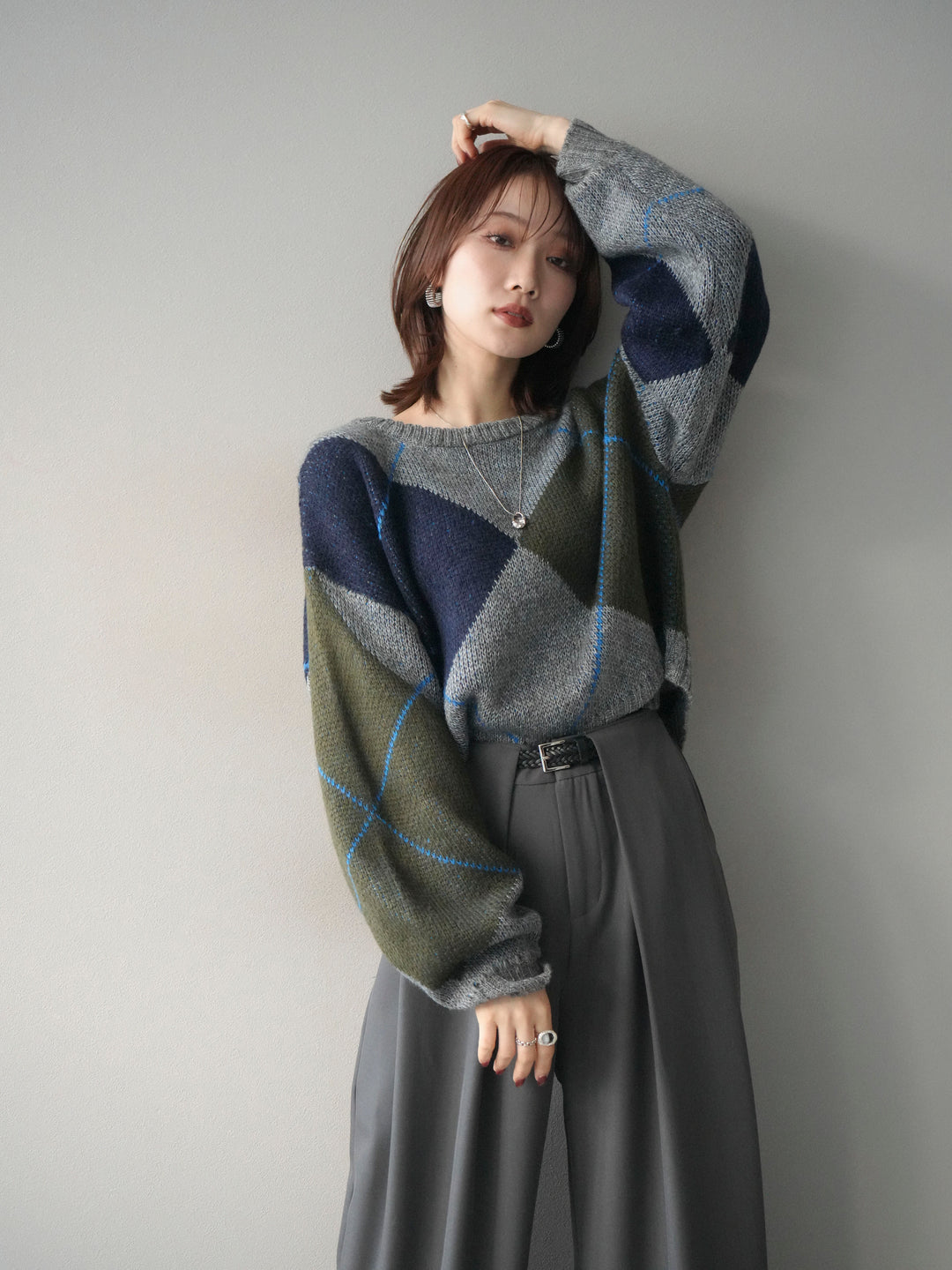 [予約]配色ステッチアーガイル柄ニットプルオーバー/gray